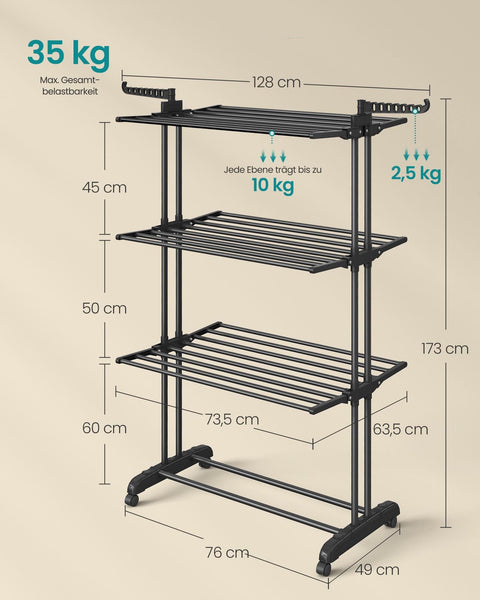 Rootz 4 Tier Drying Rack - Laundry Stand - Folding Clothes Dryer - Steel & Plastic - 63.5cm x 128cm x 173cm - Ink Black