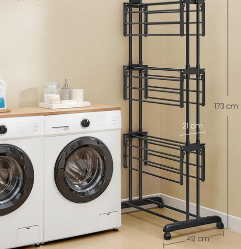 Rootz 4 Tier Drying Rack - Laundry Stand - Folding Clothes Dryer - Steel & Plastic - 63.5cm x 128cm x 173cm - Ink Black