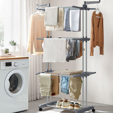 Rootz Gray Clothes Drying Rack - Steel & Plastic - Space-Saving Design - Foldable Stand - Large Drying Capacity - 64cm x 126cm x 172cm