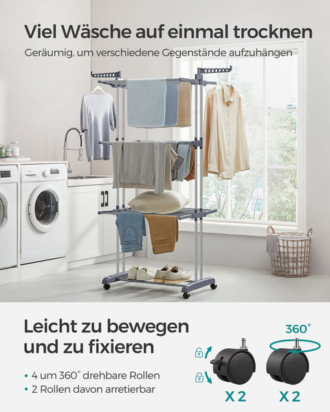 Rootz Gray Clothes Drying Rack - Steel & Plastic - Space-Saving Design - Foldable Stand - Large Drying Capacity - 64cm x 126cm x 172cm