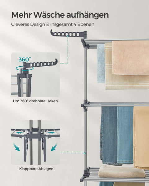 Rootz Gray Clothes Drying Rack - Steel & Plastic - Space-Saving Design - Foldable Stand - Large Drying Capacity - 64cm x 126cm x 172cm
