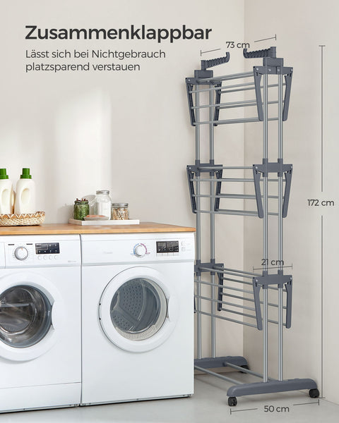Rootz Gray Clothes Drying Rack - Steel & Plastic - Space-Saving Design - Foldable Stand - Large Drying Capacity - 64cm x 126cm x 172cm