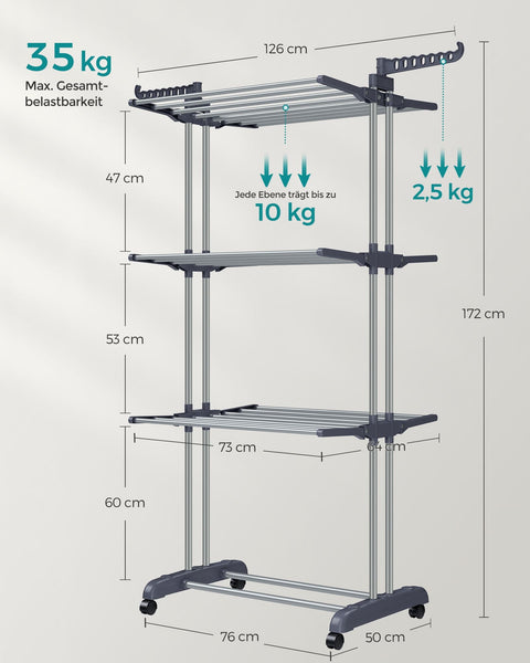 Rootz Gray Steel and Plastic Washing Rack - Laundry Stand - Clothes Drying Rack - Foldable Design - Lightweight - Space Saving - 64cm x 126cm x 172cm