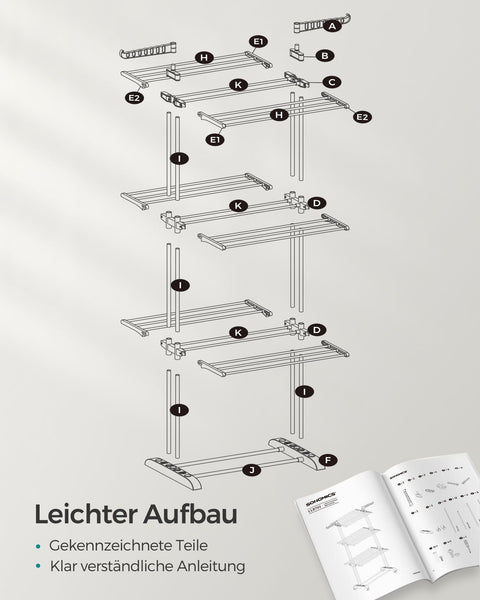 Rootz Gray Clothes Drying Rack - Steel & Plastic - Space-Saving Design - Foldable Stand - Large Drying Capacity - 64cm x 126cm x 172cm