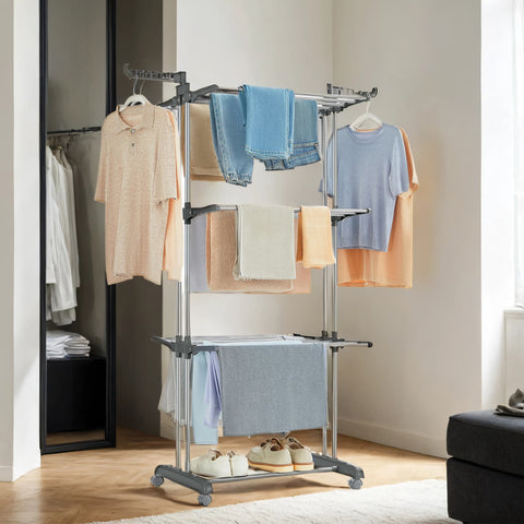 Rootz 4 Tier Drying Rack - Laundry Stand - Clothes Airer - Max 77lb Capacity - Foldable Wings - Steel - 63.5 x 128 x 173 cm