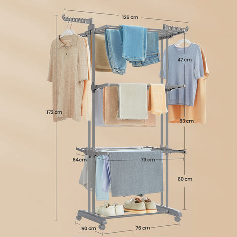 Rootz 4 Tier Drying Rack - Laundry Stand - Clothes Airer - Max 77lb Capacity - Foldable Wings - Steel - 63.5 x 128 x 173 cm