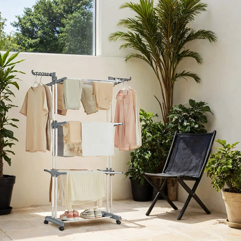 Rootz Clothes Drying Rack - Foldable Laundry Rack - Stainless Steel Stand - Space Saving - 63.5 cm x 128.02 cm x 172.97 cm