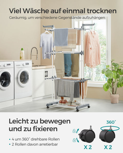 Rootz White Steel and Plastic Washing Rack - Laundry Stand - Clothes Drying Rack - Foldable Design - Lightweight - Space Saving - 64cm x 126cm x 172cm