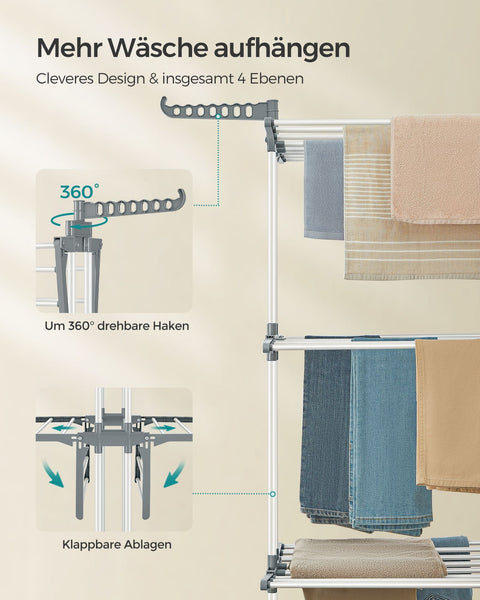 Rootz White Steel and Plastic Washing Rack - Laundry Stand - Clothes Drying Rack - Foldable Design - Lightweight - Space Saving - 64cm x 126cm x 172cm