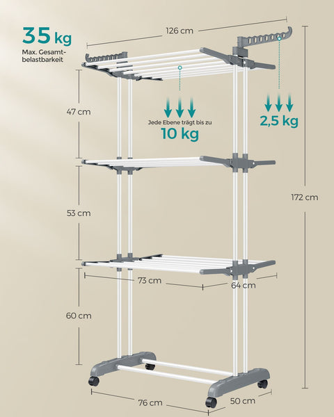 Rootz White Steel and Plastic Washing Rack - Laundry Stand - Clothes Drying Rack - Foldable Design - Lightweight - Space Saving - 64cm x 126cm x 172cm
