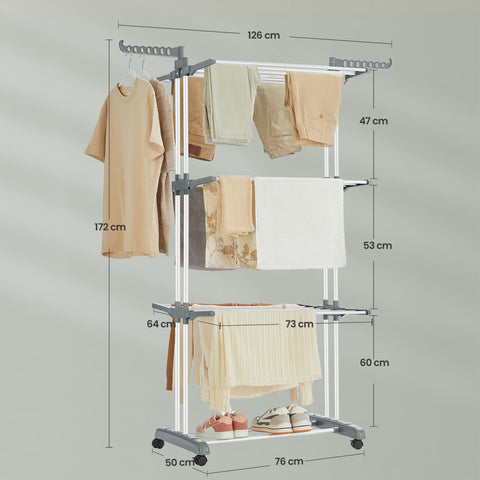 Rootz Clothes Drying Rack - Foldable Laundry Rack - Stainless Steel Stand - Space Saving - 63.5 cm x 128.02 cm x 172.97 cm