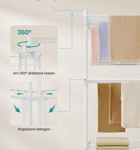 Rootz 4-Tier Drying Rack with Wheels - Clothes Drying Stand - Laundry Organizer - Steel & Plastic - 63.5cm x 128cm x 173cm