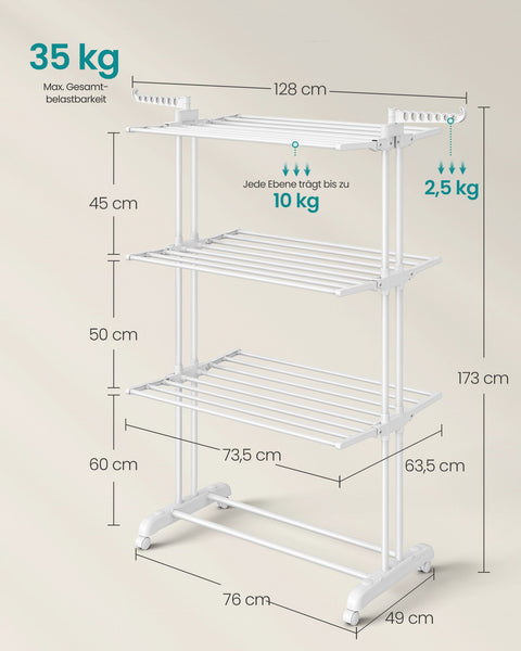 Rootz 4-Tier Drying Rack with Wheels - Clothes Drying Stand - Laundry Organizer - Steel & Plastic - 63.5cm x 128cm x 173cm