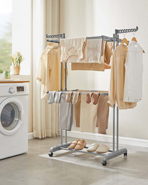 Rootz 4-Level Laundry Rack - Clothes Drying Stand - Airer - Space-Saving Design - 63.5 x 128 x 148 cm - Grey Steel & Plastic