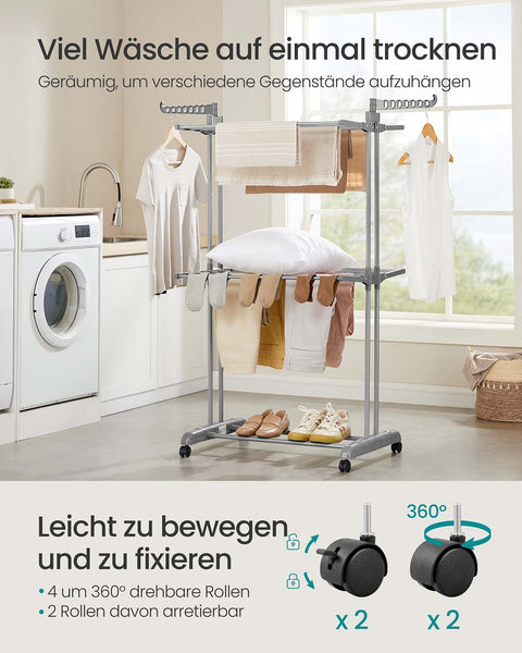 Rootz 4-Level Laundry Rack - Clothes Drying Stand - Airer - Space-Saving Design - 63.5 x 128 x 148 cm - Grey Steel & Plastic