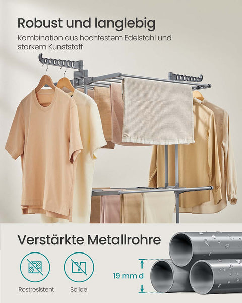 Rootz 4-Level Laundry Rack - Clothes Drying Stand - Airer - Space-Saving Design - 63.5 x 128 x 148 cm - Grey Steel & Plastic