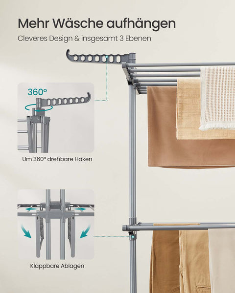 Rootz 4-Level Laundry Rack - Clothes Drying Stand - Airer - Space-Saving Design - 63.5 x 128 x 148 cm - Grey Steel & Plastic