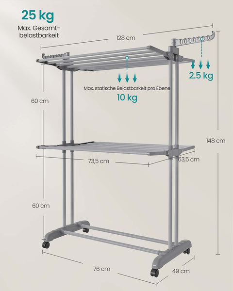 Rootz 4-Level Laundry Rack - Clothes Drying Stand - Airer - Space-Saving Design - 63.5 x 128 x 148 cm - Grey Steel & Plastic