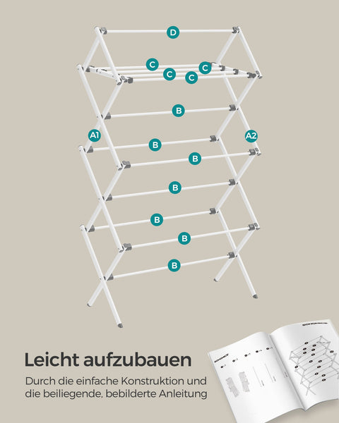 Rootz White Steel PP Washing Rack - Dish Drainer - Drying Rack - Lightweight - Compact Design - Easy Assembly - 37cm x 75cm x 135.1cm