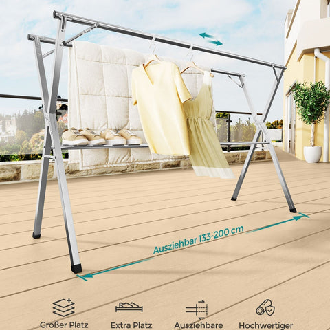 Rootz Dove Gray Stainless Steel Washing Rack - Clothes Drying Stand - Laundry Organizer - Large 66cm x (133-200)cm x 130cm