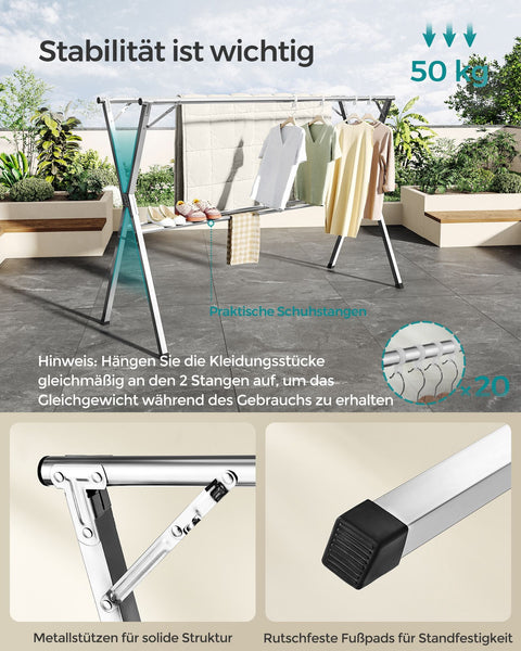 Rootz Dove Gray Stainless Steel Washing Rack - Clothes Drying Stand - Laundry Organizer - Large 66cm x (133-200)cm x 130cm