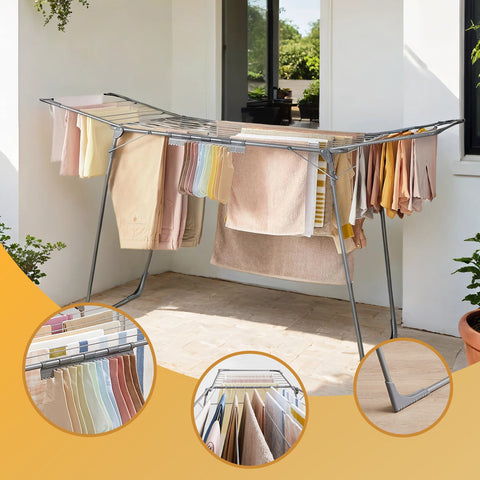 Rootz Wing Laundry Rack - Parking Dryer - Space-saving Clothes Airer - Foldable Design - Steel & PP - 56.5x173x96.5cm