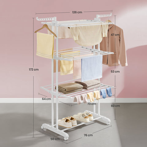 Rootz Laundry Rack - Stand Dryer - Wing Laundry Rack - 4 Levels - Space-Saving - 63.5cm x 128cm x 173cm