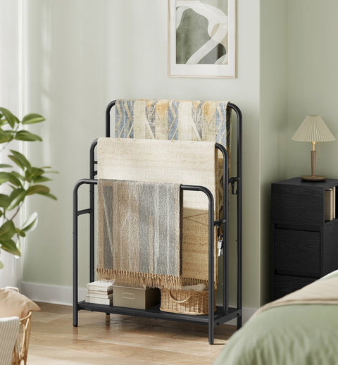 Rootz Towel Rack with 3 Bars - Bathroom Organizer - Towel Holder - Metal and Chipboard - 70cm x 30cm x 100cm - Ink Black-Ebony Black