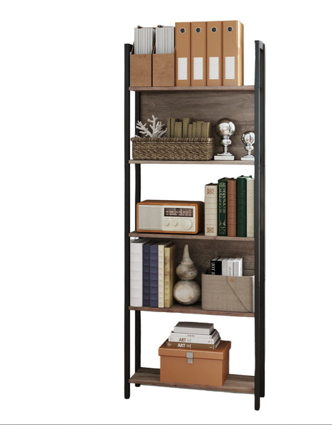 Rootz Bookshelf - Brown-black Bookcase - Wooden Chipboard Storage Unit - Steel Frame - Space-Saving Design - 62 x 24 x 165 cm