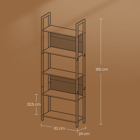 Rootz Bookshelf - Brown-black Bookcase - Wooden Chipboard Storage Unit - Steel Frame - Space-Saving Design - 62 x 24 x 165 cm