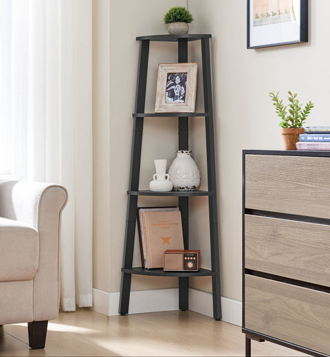 Rootz Corner Shelf 4-Level - Storage Unit - Display Rack- Grey - Space Saving - 33.4cm x 33.4cm x 125cm