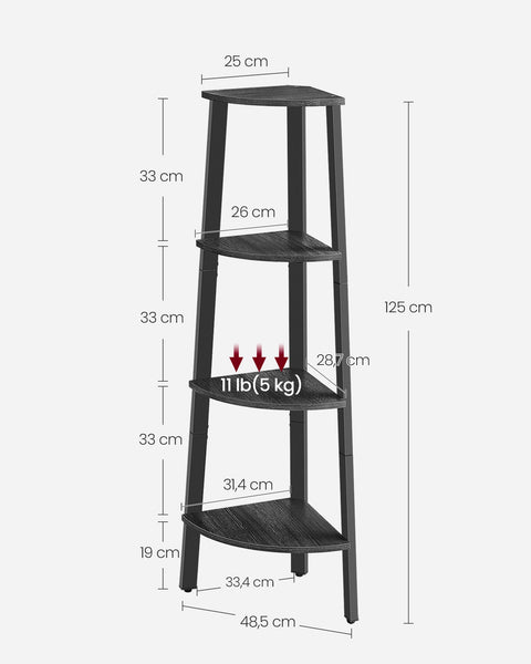 Rootz Corner Shelf - Anthracite Gray-Matte Black - Chipboard Steel - Space-Saving - 33.4cm x 33.4cm x 125cm - 5.5kg - 5kg Capacity - Easy Assembly