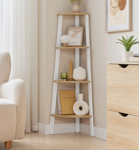 Rootz Corner Shelf - Corner Bookcase - 4 Level Display Stand - Sturdy Design - 33.4cm x 33.4cm x 125cm