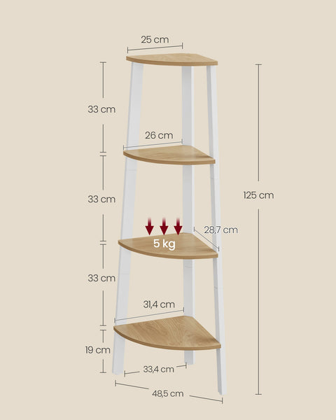 Rootz Corner Shelf - Corner Bookcase - 4 Level Display Stand - Sturdy Design - 33.4cm x 33.4cm x 125cm