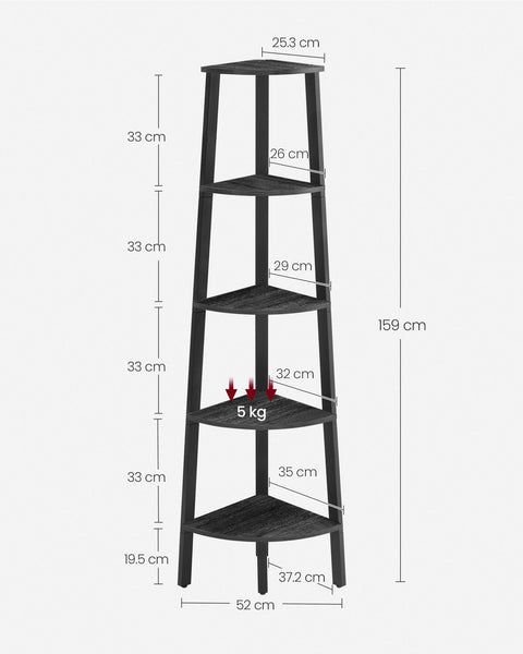 Rootz Corner Shelf - Anthracite Gray-Matte Black - Chipboard Steel - Space-saving - 37.2cm x 37.2cm x 159cm. Easy to assemble.