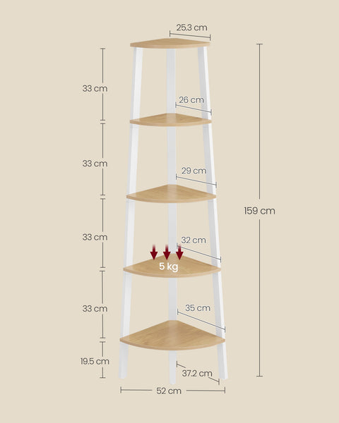 Rootz 5 Level Bookcase - Industrial Bookshelf - Corner Shelf - Space Saver - 37.2cm x 37.2cm x 159cm