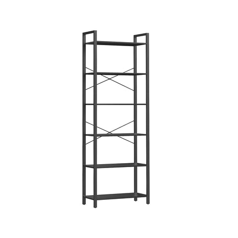 Rootz 6 Tier Bookshelf - Ebony Black - Ink Black - Chipboard Steel - Spacious Storage - Easy Assembly - Modern Design - 30cm x 66cm x 186cm