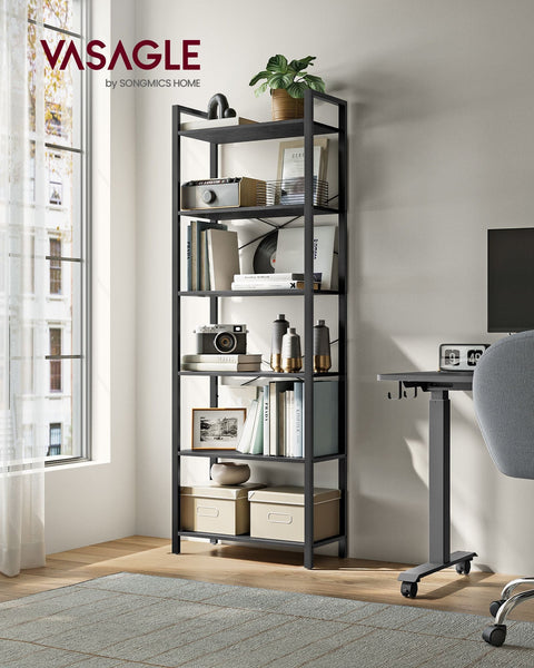 Rootz 6 Tier Bookshelf - Ebony Black - Ink Black - Chipboard Steel - Spacious Storage - Easy Assembly - Modern Design - 30cm x 66cm x 186cm