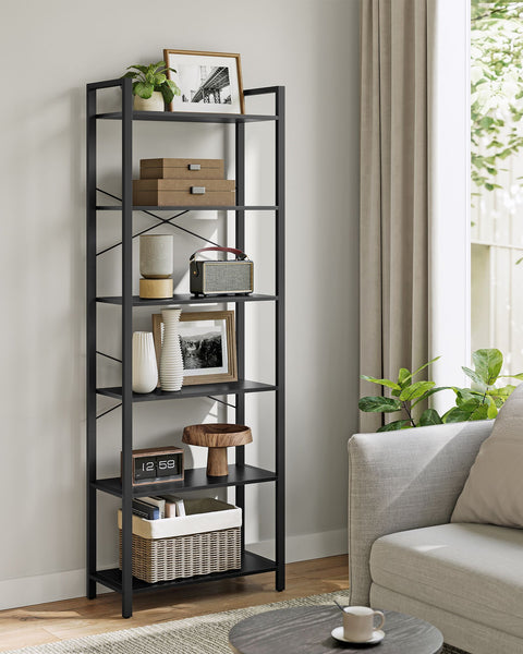 Rootz 6 Tier Bookshelf - Ebony Black - Ink Black - Chipboard Steel - Spacious Storage - Easy Assembly - Modern Design - 30cm x 66cm x 186cm