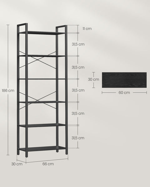 Rootz 6 Tier Bookshelf - Ebony Black - Ink Black - Chipboard Steel - Spacious Storage - Easy Assembly - Modern Design - 30cm x 66cm x 186cm