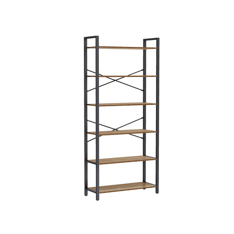 Rootz 6 Tier Bookshelf - Dark Walnut-Black - Chipboard Steel - Storage Organizer - Sturdy Construction - Easy Assembly - 30cm x 80cm x 186cm