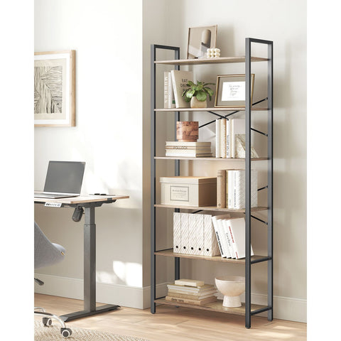Rootz 6 Tier Bookshelf - Dark Walnut-Black - Chipboard Steel - Storage Organizer - Sturdy Construction - Easy Assembly - 30cm x 80cm x 186cm