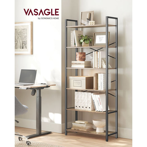 Rootz 6 Tier Bookshelf - Dark Walnut-Black - Chipboard Steel - Storage Organizer - Sturdy Construction - Easy Assembly - 30cm x 80cm x 186cm