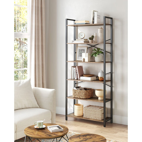 Rootz 6 Tier Bookshelf - Dark Walnut-Black - Chipboard Steel - Storage Organizer - Sturdy Construction - Easy Assembly - 30cm x 80cm x 186cm