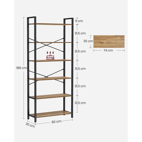 Rootz 6 Tier Bookshelf - Dark Walnut-Black - Chipboard Steel - Storage Organizer - Sturdy Construction - Easy Assembly - 30cm x 80cm x 186cm