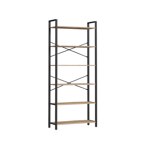 Rootz 6 Tier Bookshelf - Storage Rack - Chipboard Steel - Large Capacity - Easy Assembly - Camel Brown Ink Black - 30cm x 80cm x 186cm