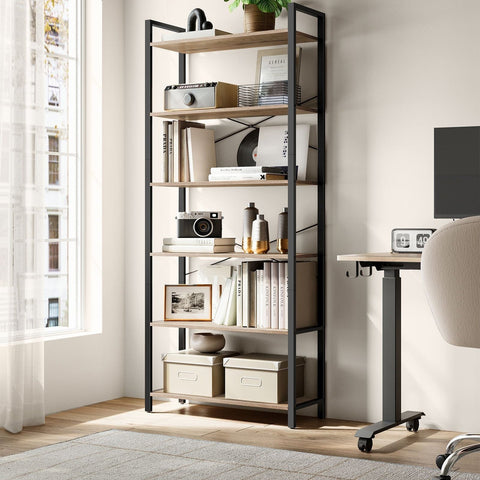 Rootz 6 Tier Bookshelf - Storage Rack - Chipboard Steel - Large Capacity - Easy Assembly - Camel Brown Ink Black - 30cm x 80cm x 186cm