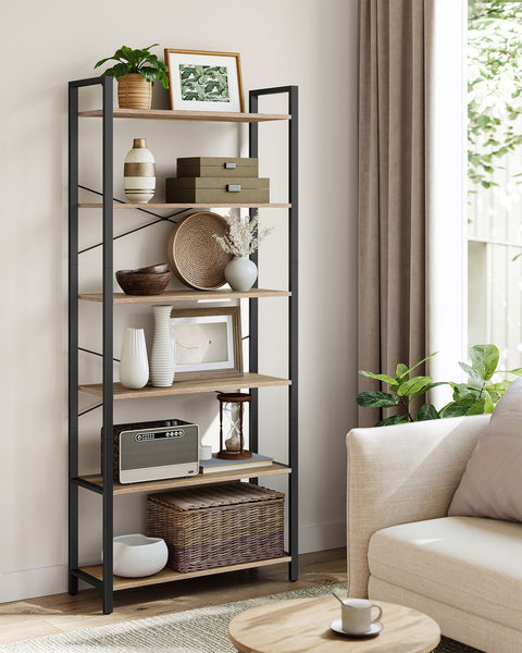 Rootz 6 Tier Bookshelf - Storage Rack - Chipboard Steel - Large Capacity - Easy Assembly - Camel Brown Ink Black - 30cm x 80cm x 186cm