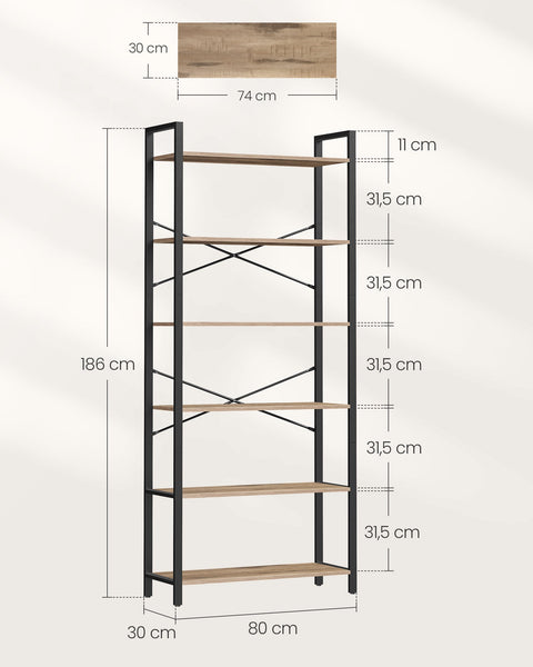 Rootz 6 Tier Bookshelf - Storage Rack - Chipboard Steel - Large Capacity - Easy Assembly - Camel Brown Ink Black - 30cm x 80cm x 186cm