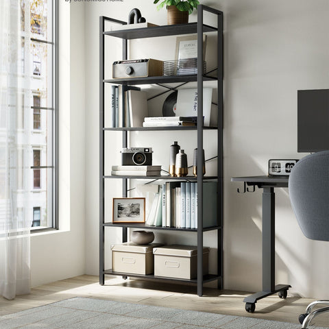 Rootz 6 Tier Bookshelf - Ebony Black-Ink Black - Chipboard Steel - Spacious Storage - Sturdy Construction - Easy Assembly - 30cm x 80cm x 186cm
